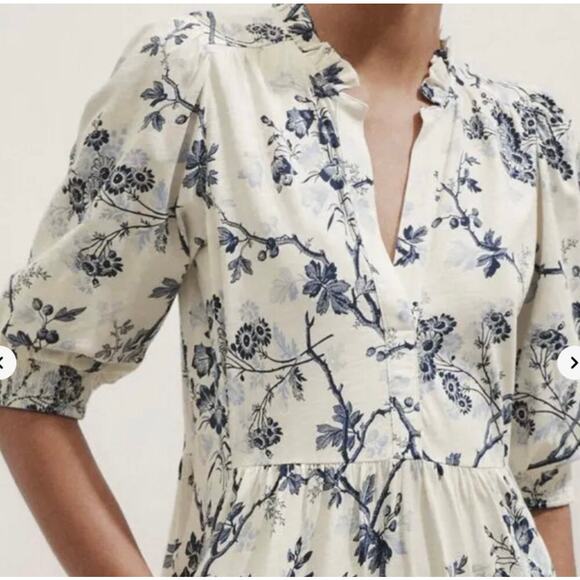 Me + Em Women's 10 Cream Modern Botanical Print Tiered Short Dress Blue Floral - Picture 3 of 15